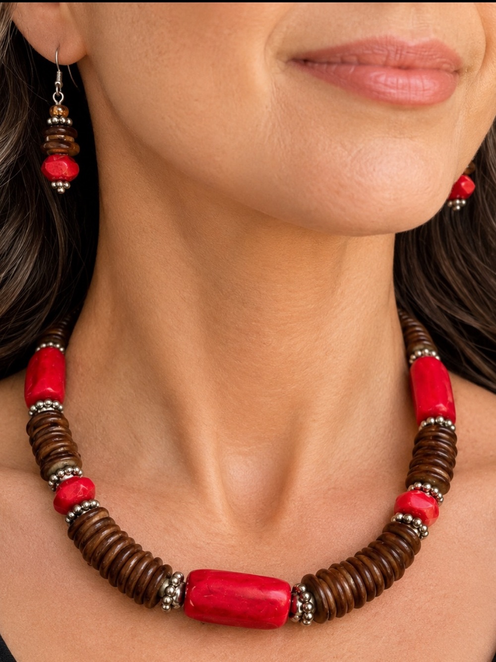 Coral Bamboo and Brown Shell Necklace Handmade Set